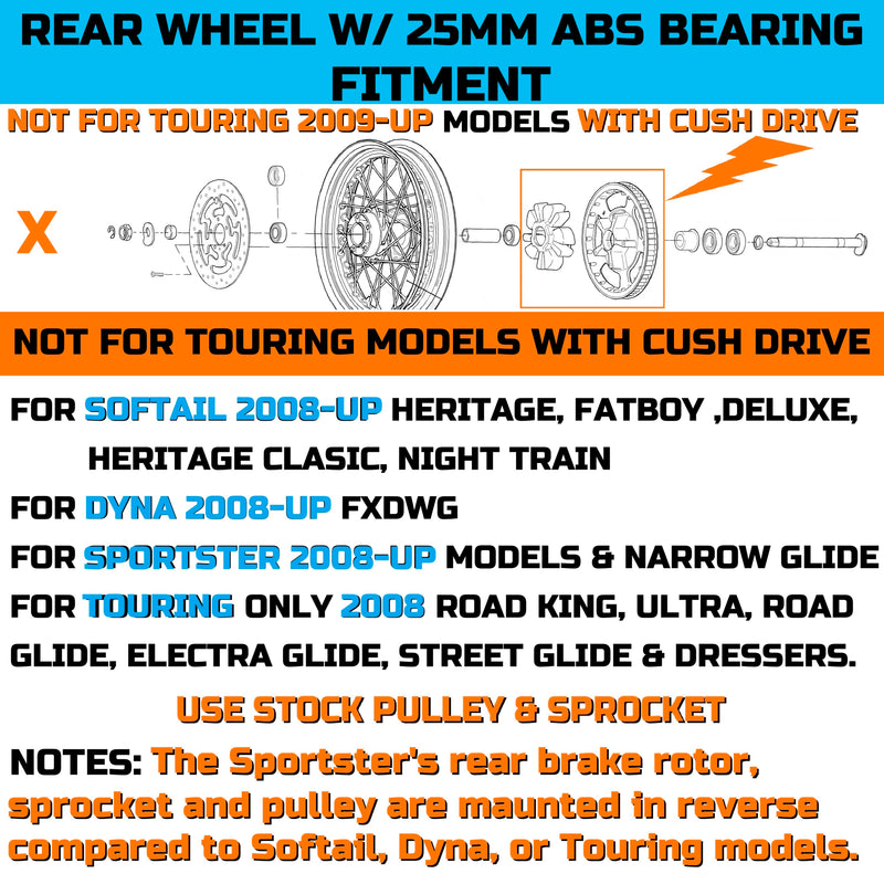 16*3.5" Rear Wheel Chrome Fat Spokes Rim for 08-up Harley Dyna/Softail/ Sportster, for Touring Only 2008 ABS Models