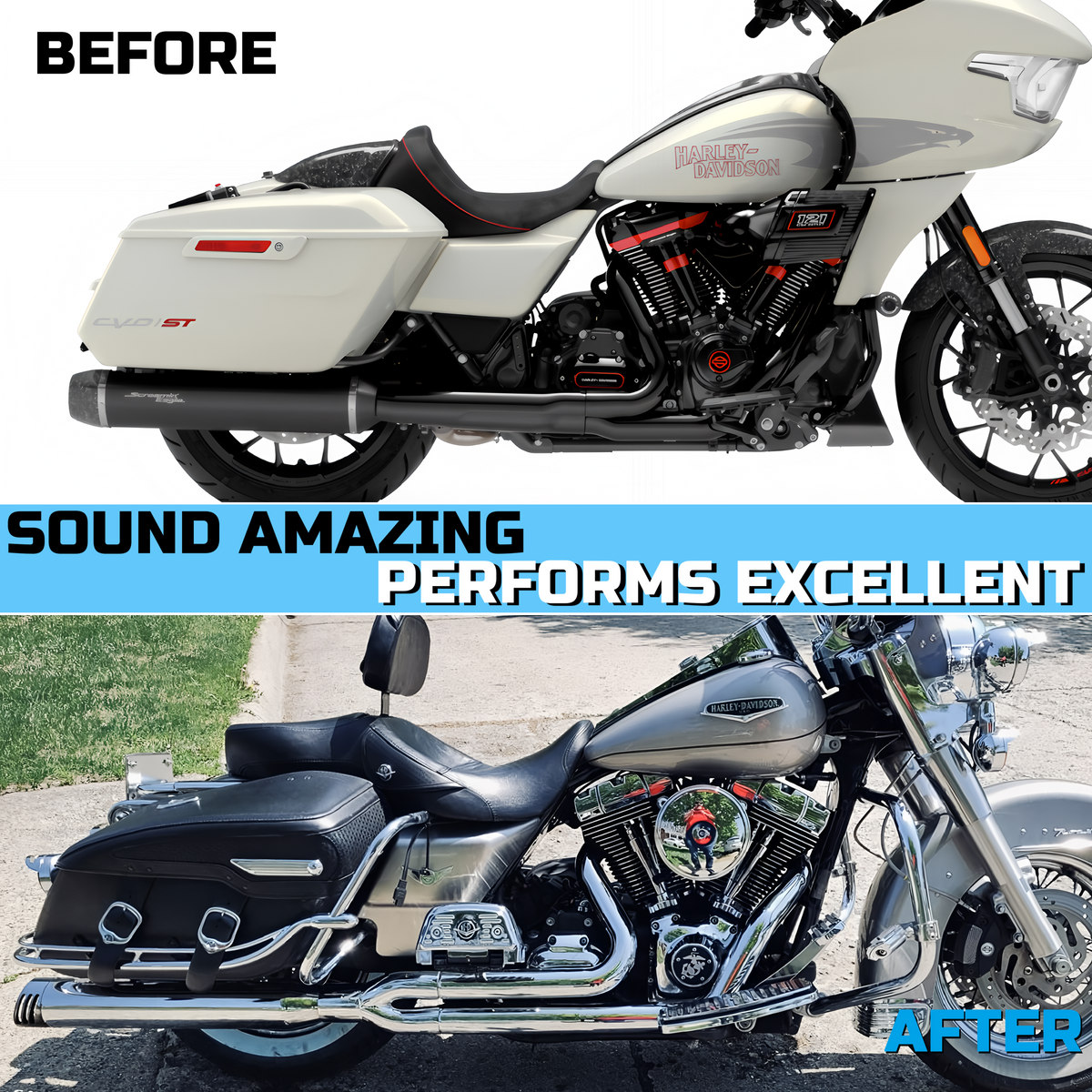 SHARKROAD Torched Chrome 2 Into 1 Exhaust for Harley Touring