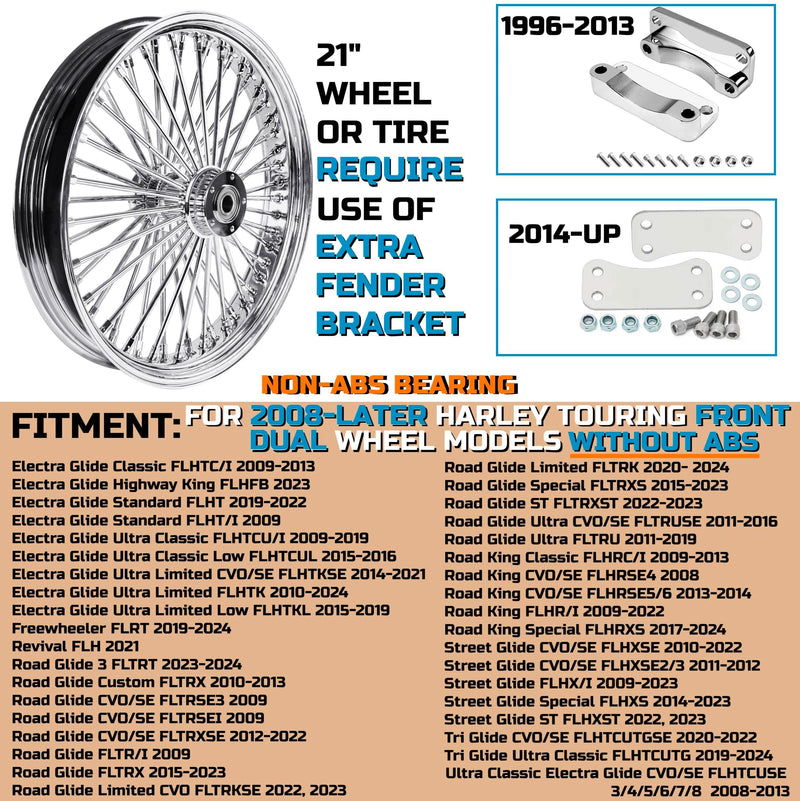 SHARKROAD 21X3.5'' 52 Stainless Steel Spokes Front Dual Wheels NON-ABS Bearing for 2008-later Touring 21 Inch Harley Wheels and Rims Updating