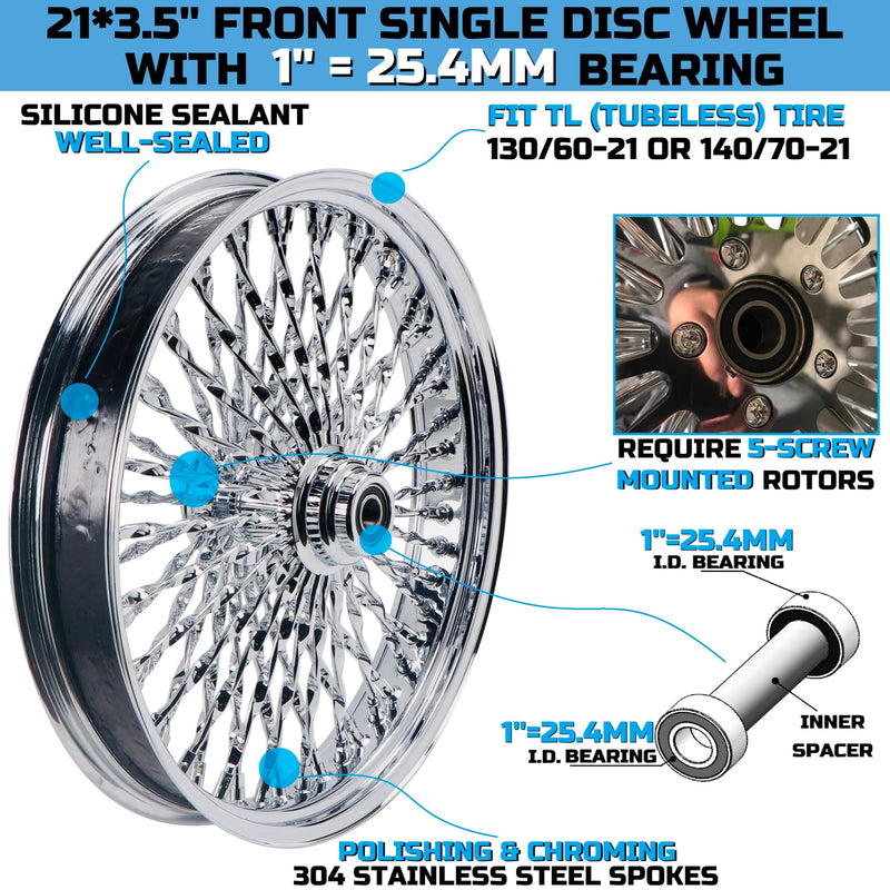 21*3.5'' Front Wheel for 00-06 Softail Harley 21 Wheel Updating,  Fat Spoke Laced 21x3.5 Fat Spoke Wheel for Harley Softail Front Wheel