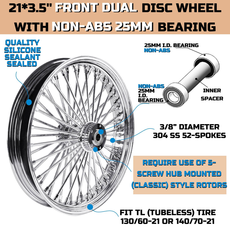 SHARKROAD 21X3.5'' 52 Stainless Steel Spokes Front Dual Wheels NON-ABS Bearing for 2008-later Touring 21 Inch Harley Wheels and Rims Updating