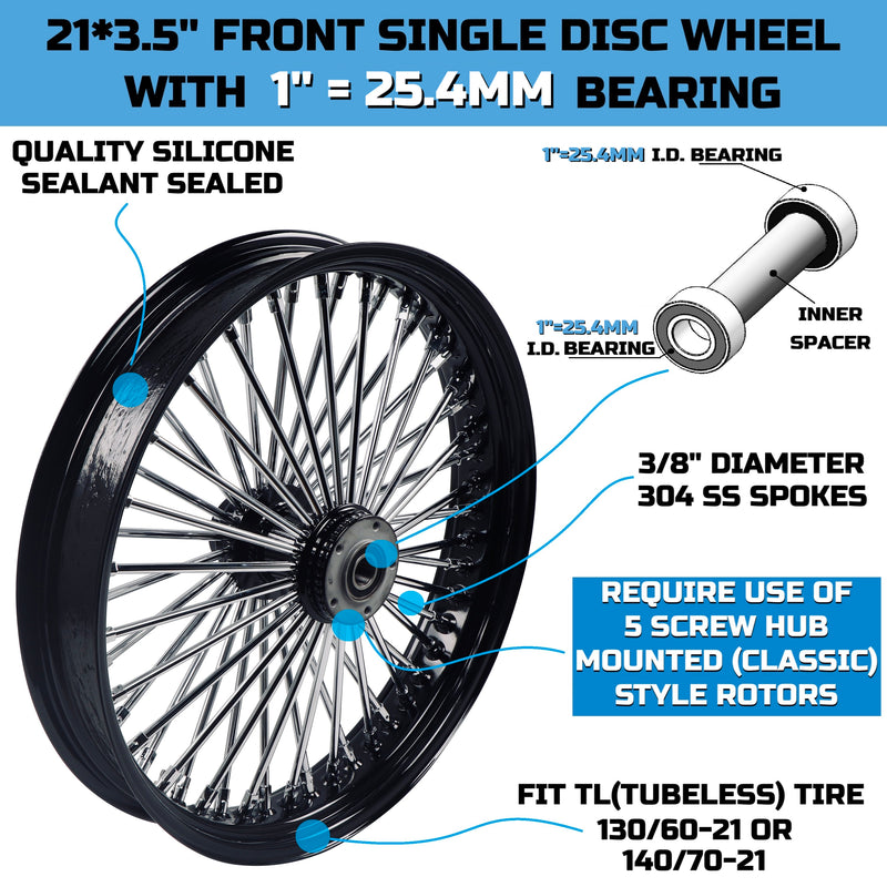 SHARKROAD 21*3.5'' Front Wheel for 00-06 Softail Harley 21 Wheel Updating, 52 Spoke Laced 21x3.5 Fat Spoke Wheel for Harley Softail Front Wheel