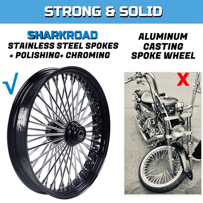 SHARKROAD 21*3.5'' Front Wheel for 00-06 Softail Harley 21 Wheel Updating, 52 Spoke Laced 21x3.5 Fat Spoke Wheel for Harley Softail Front Wheel