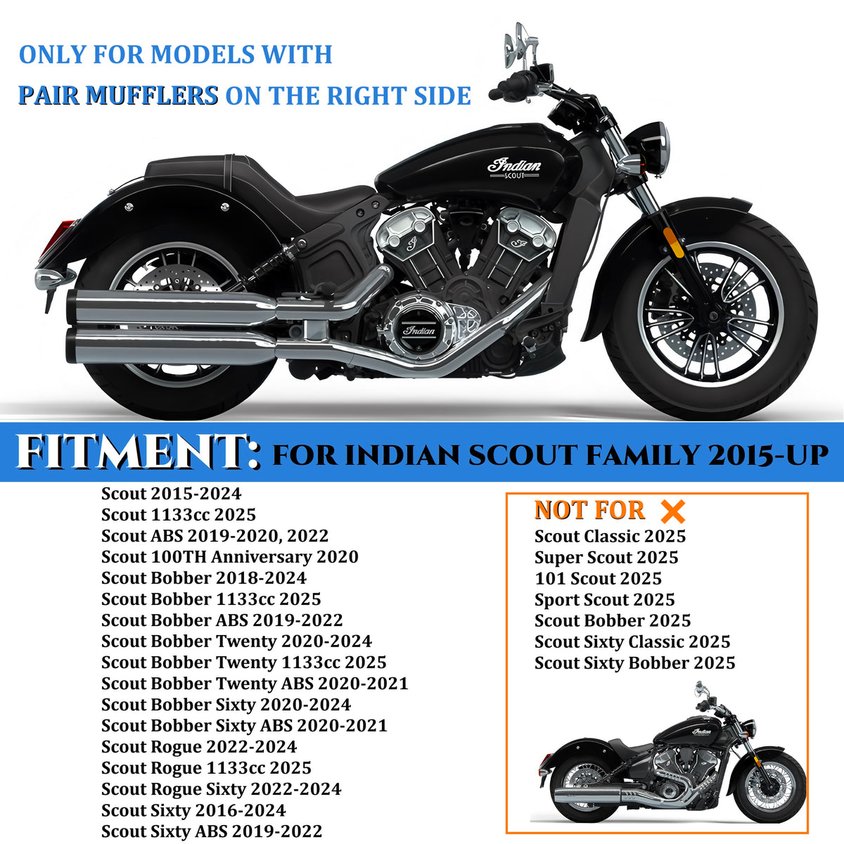 Sharkroad Chrome 3'' Slip-on Exhaust for 2015-2024 Indian Scout, Scout